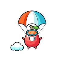 Le dessin animé de mascotte de pomme d'eau saute en parachute avec un geste heureux vecteur