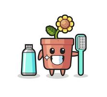 illustration de mascotte de pot de tournesol avec une brosse à dents vecteur