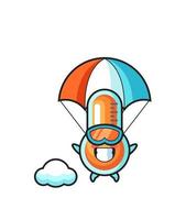La caricature de la mascotte du thermomètre saute en parachute avec un geste heureux vecteur