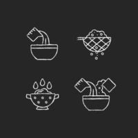 Instructions de préparation des aliments craie icônes blanches sur fond sombre vecteur