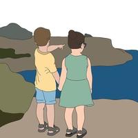 deux enfants pointant du doigt quelque chose sur la colline, illustration plate et colorée vecteur