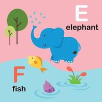 Lettre de l'alphabet f-poisson,e-éléphant,illustration vecteur