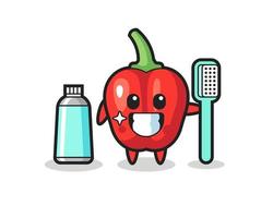 illustration de mascotte de poivron rouge avec une brosse à dents vecteur