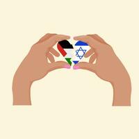 unité concept. cœur forme icône avec Israël et Palestine drapeaux dans mains. vecteur illustration.