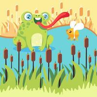 vecteur illustration avec une crapaud et une mouche dans une marais dans une mignonne dessin animé style.