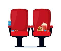 rouge cinéma fauteuil avec un soda, pop corn et 3d lunettes. cinéma affiche, bannière conception pour film théâtre. vecteur illustration.