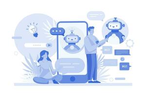 les gens parlent avec des robots chatbot dans l'application smartphone vecteur