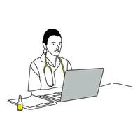 ligne art illustration médecin est sur le portable et vérification médical enregistrements. vecteur