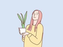 femme dans chandail tenue en portant plante content posant Facile coréen style illustration vecteur