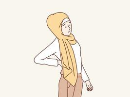 permanent musulman hijab femme femelle mains émouvant retour douleur mal au dos Facile coréen style illustration vecteur