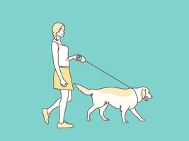 content Jeune femme en marchant leur chien Facile coréen style illustration vecteur