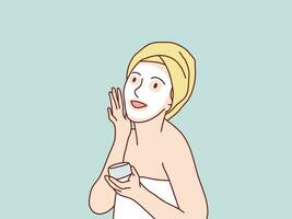 femme faciale masque crème sur visage Facile coréen style illustration vecteur