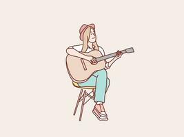 femme avec chapeau asseoir sur chaise en jouant guitare Facile coréen style illustration vecteur