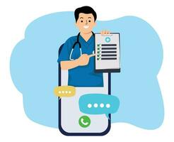 téléphone intelligent avec homme médecin éclater en dehors de écran en ligne consultation télé médicament vidéo appel médical Assurance vecteur