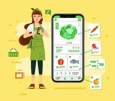 une femme est épicerie en ligne achats avec sa téléphone intelligent, choisir le Frais nourriture et livraison à sa Accueil vecteur illustration