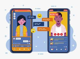 social médias sortir ensemble app illustré avec photo de Jeune Hommes et femmes dans le téléphone avec beaucoup commentaire et aime vecteur