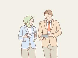 Jeune affaires musulman femme et affaires homme en marchant et discuter Facile coréen style illustration vecteur