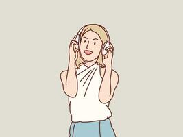 femme content entendre la musique de casque de musique coréen illustration style vecteur