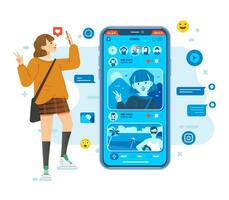 social médias selfie application, Jeune femmes prendre une selfie et télécharger à social médias vecteur illustration