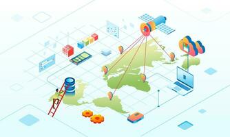 isométrique illustration de satellite Les données réseau lien dans nuage base de données vecteur