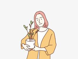 femme dans confortable tenue en portant plante content posant Facile coréen style illustration vecteur