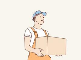 content Jeune livraison courrier Jeune homme permanent avec une Publier boîte parcelle Facile coréen style illustration vecteur