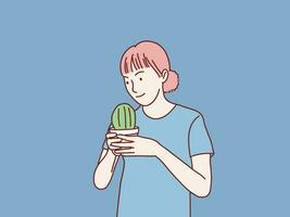 femme en portant plante cactus content posant Facile coréen style illustration vecteur