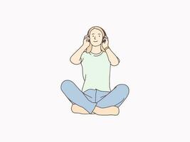 se détendre traverser pattes femme audition la musique de écouteurs Facile coréen style illustration vecteur
