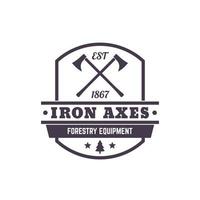 logo d'équipement forestier, emblème vintage avec haches de bûcherons vecteur