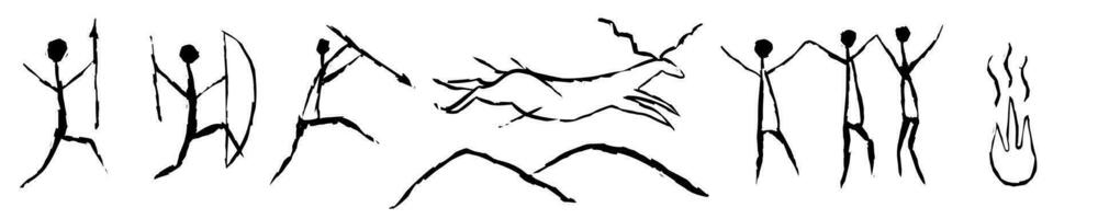 peinture rupestre grotte ancien symbole d'art illustration vectorielle dessinés à la main. Animal préhistorique et ornement de chasse des peuples primitifs traditionnels isolé sur fond blanc vecteur
