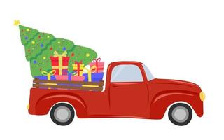camion rouge de noël avec un arbre de noël et des cadeaux vecteur
