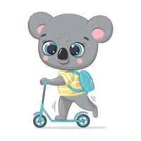 mignon bébé koala sur le scooter. illustration de dessin animé de vecteur. vecteur