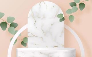 Produits de fond 3d podium en marbre avec des feuilles d'eucalyptus vecteur