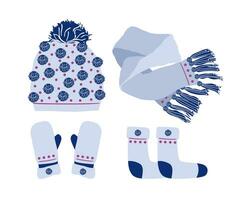 ensemble de hiver accessoires tricoté chapeau écharpe Mitaines chaussettes lumière bleu. Stock vecteur plat illustration isolé sur blanc