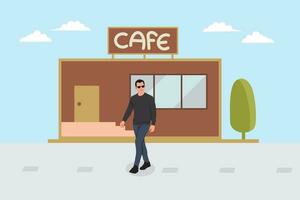 vecteur illustration de une homme en marchant dans de face de une café magasin.