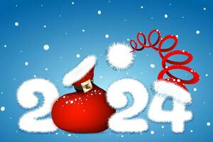 mignonne duveteux blanc dessin animé 2024 Nouveau année nombre avec Père Noël sac et Père Noël claus chapeau. Noël, Nouveau année concept vecteur
