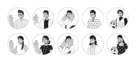 content Indiens Sud asiatiques noir et blanc 2d vecteur avatars illustration ensemble. hindou femmes, Hommes contour dessin animé personnage visages isolé. porter écouteurs, chat se soucier plat utilisateur profil image collection