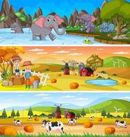 ensemble de différents paysages naturels panoramiques avec personnage de dessin animé vecteur