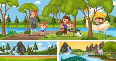 différentes scènes de paysages naturels avec personnage de dessin animé vecteur