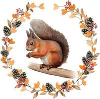 écureuil roux réaliste aquarelle dans une couronne d'automne vecteur