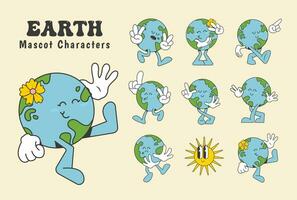 Terre dessin animé mascotte personnages dans branché rétro style, vecteur illustration