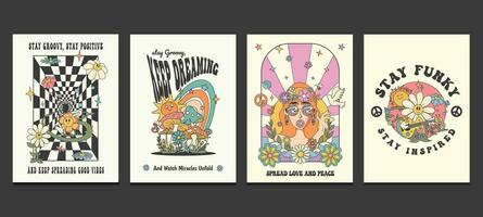 sensationnel hippie Années 70 affiches avec psychédélique les dessins animés, vecteur illustration