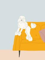 mignonne illustration de blanc chien séance sur le canapé. mignonne blanc caniche personnage. élégant chien illustration dans intérieur vecteur