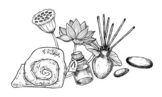 peau se soucier des produits avec lotus fleur. main tiré vecteur illustration de serviette, diffuseur et ancien bouteille dans noir et blanc couleurs. linéaire dessin de éco produits de beauté et articles de toilette pour spa salon