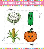 Couper Couleur et apprendre carte flash activité coloration livre pour des gamins avec mignonne dessin animé des légumes vecteur