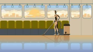 cyborg nettoyage dans train transport pour 24 heures dans de bonne heure Matin lever du soleil vecteur
