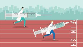 vaccin recherche concours. une médecin porter gros seringue courir dans course Piste vecteur