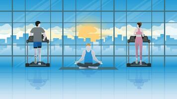 esprit et corps exercer. méditation homme séance jambes croisées sur yoga tapis dans aptitude centre vecteur