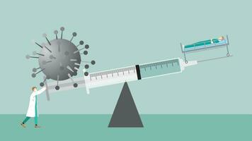 médecin en gardant équilibre sur vaccin seringue sur bascule entre virus et patient. vecteur