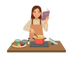 Jeune femme cuisine repas en train de lire recette livre dans le cuisine vecteur
